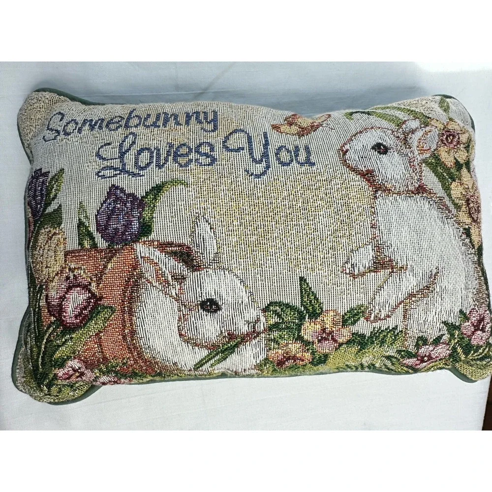 VTG Tapestry Accent Pillow Some Bunny Loves You 13 X 8